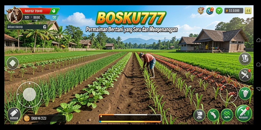 Tampilan screenshot gameplay BOSKU777 yang menunjukkan aktivitas bertani.