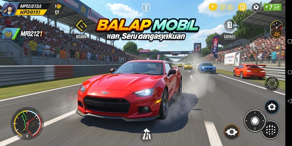 Screenshot MPO2121 menunjukkan aksi balap mobil yang mendebarkan di trek yang menantang.